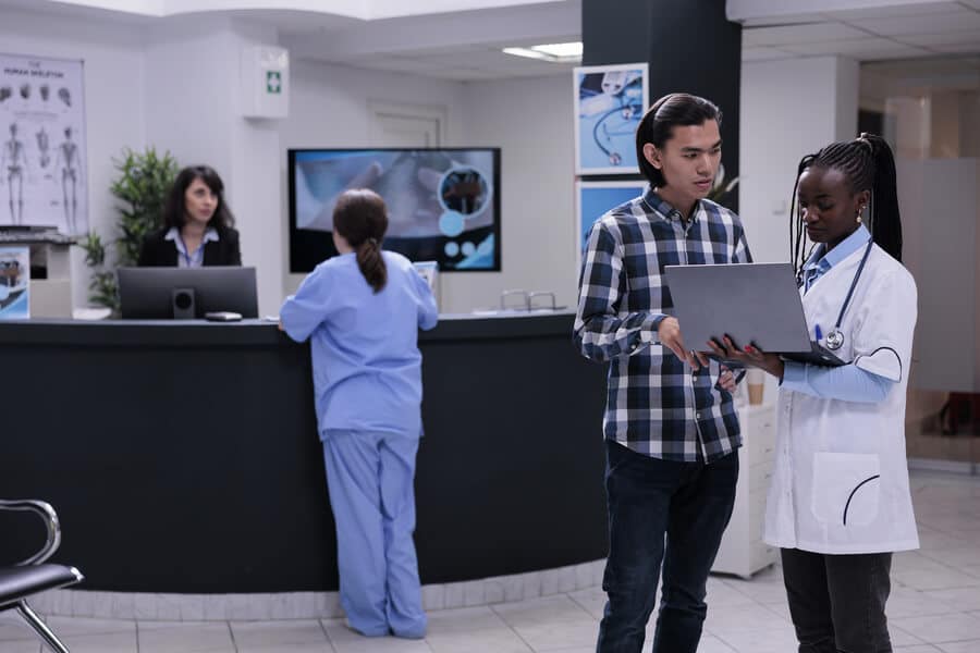 Medical practice lobby with patients